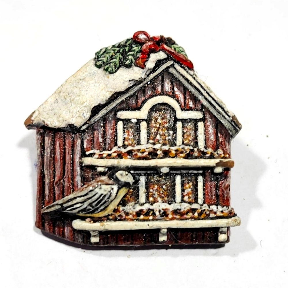 Vtg Handmade Signed  Artist Christmas Birdhouse Pin Brooch